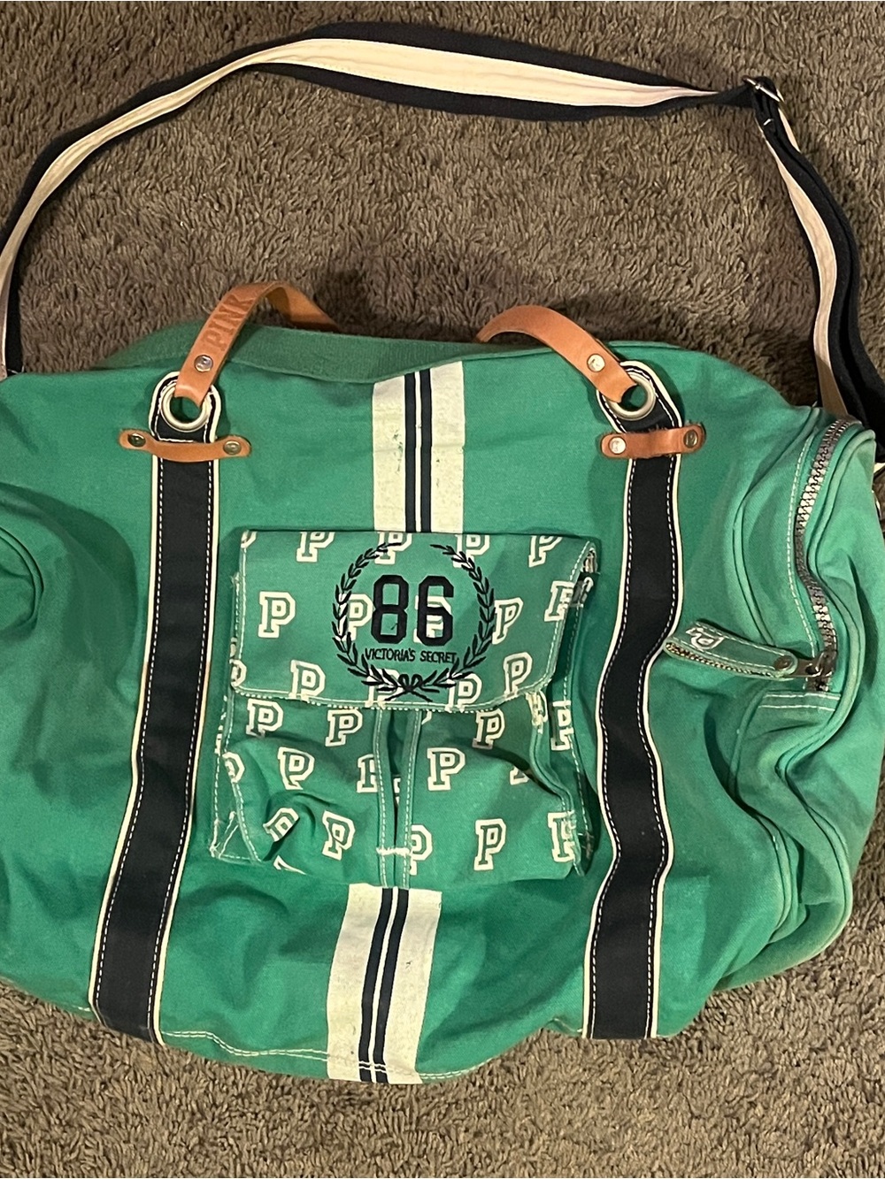 Pink Victoria’s Secret Varsity Jet Set Green large duffle bag